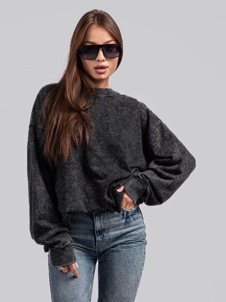 American Retro Distressed Washed Black Round Neck Women's Sweatshirt - 2025 Autumn/Winter Trendy Design.