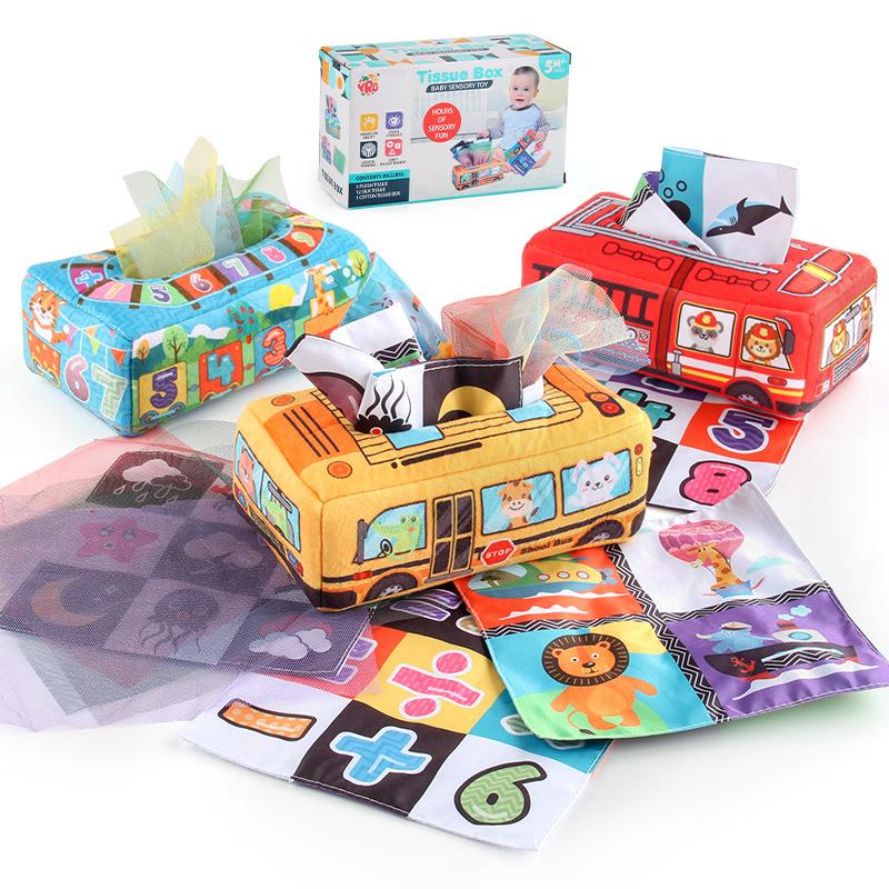 Baby Puzzle Early Education Cloth Book Toy Box Baby Ring Paper Cloth Book Simulation Train School Bus Can'T Be Torn And Drawn Tissue Box