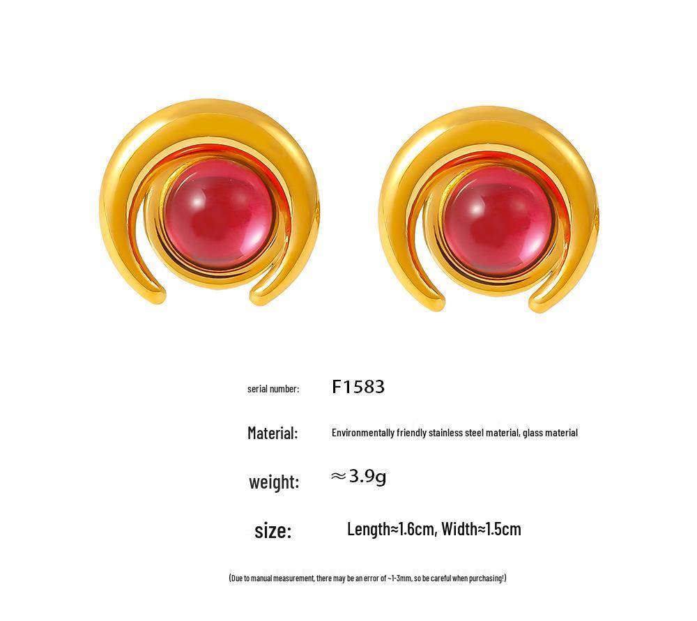 Half-Moon Glass Stone 18K Gold-Plated Stainless Steel Stud Earrings