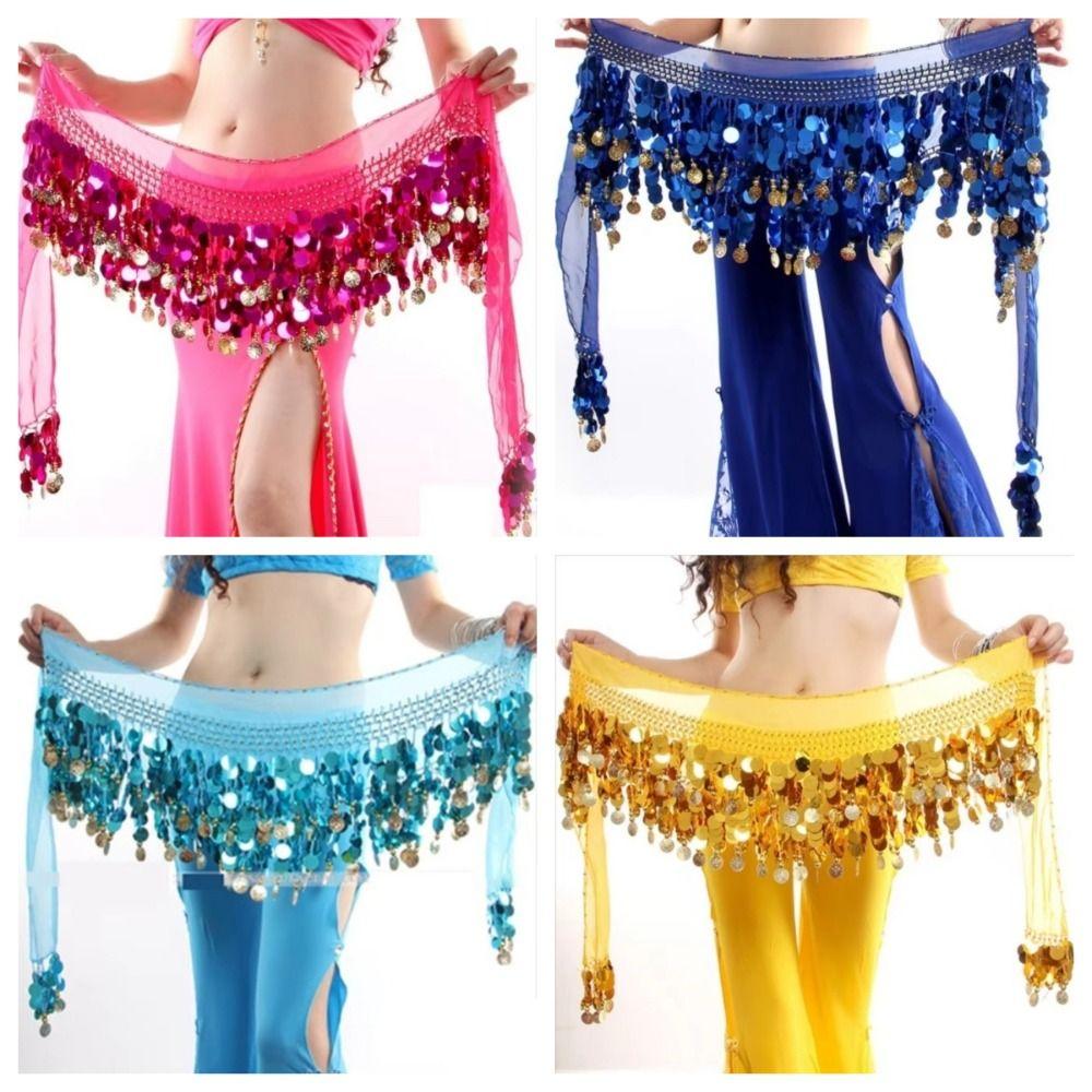 Tassel Belly Dance Hip Scarf with Gold Color Coin Waist Chain Trendy Hip Scarf  Show Costumes