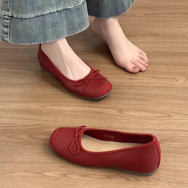 Schafslederversion~ Leder Französische kleine Innenhöhenerhöhung Ballett Einzelschuhe Damen Retro Schleife Ein Pedal Einzelschuhe