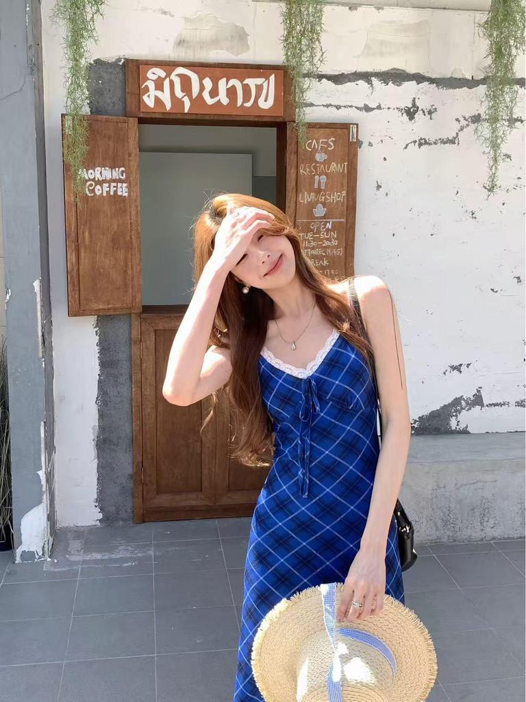 Women's Blue Plaid V-Neck Summer Dress - Hip-Hugging, Slim Waist, Open Back, Long Skirt