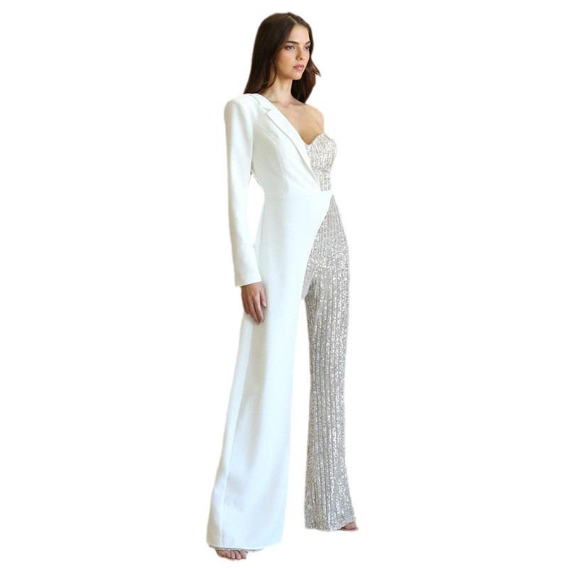 2025 One-Shoulder Silver Splicing Sequin Jumpsuit for Women - European & American Fashion