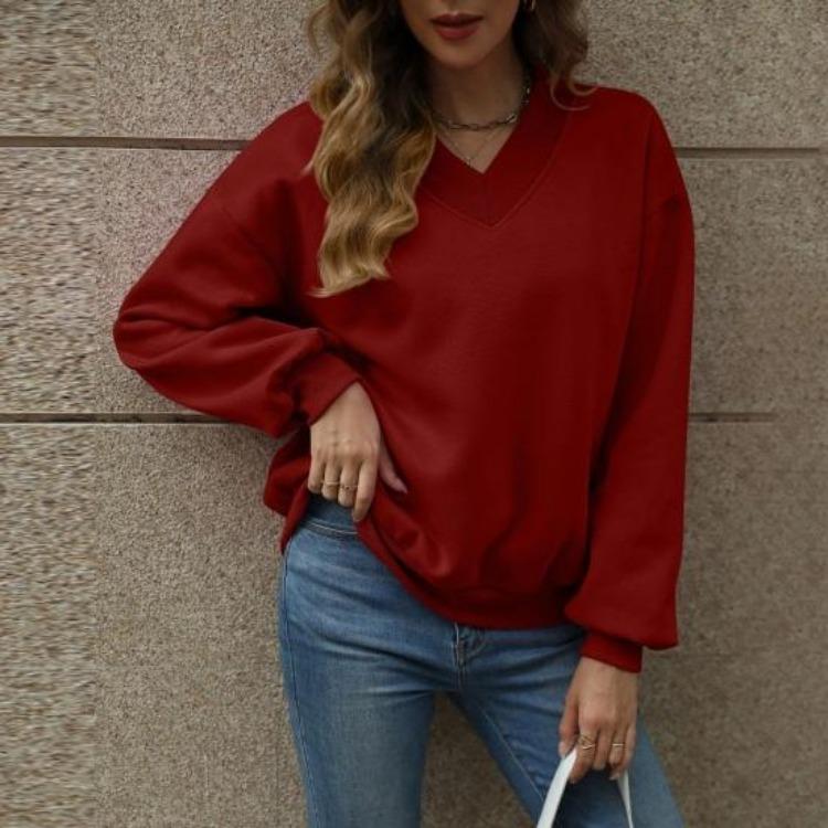 Fall Casual Drop Shoulder V Neck Oversized Sweatshirts Womens Fleece Long Sleeve Pullover Top Outfits