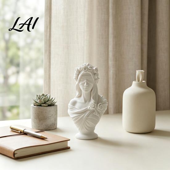 Elegant Retro Sculpture Decor 3D Printed Blindfolded Lady Bust Sculpture White Flower Veil Sculpted Rose Crown Statues Female Statue Artistic
