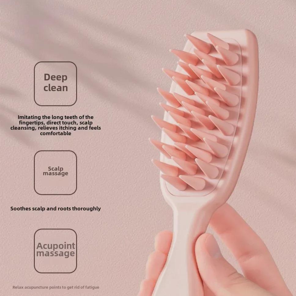 Long-Handled Silicone Shampoo Comb with Large Teeth for Scalp Massage and Hair Loss Reduction.