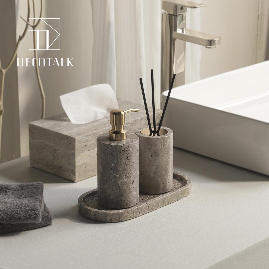 Set da Bagno Travertino Grigio Argento Wabi-Sabi: Vassoio e Decorazione per Lavabo.