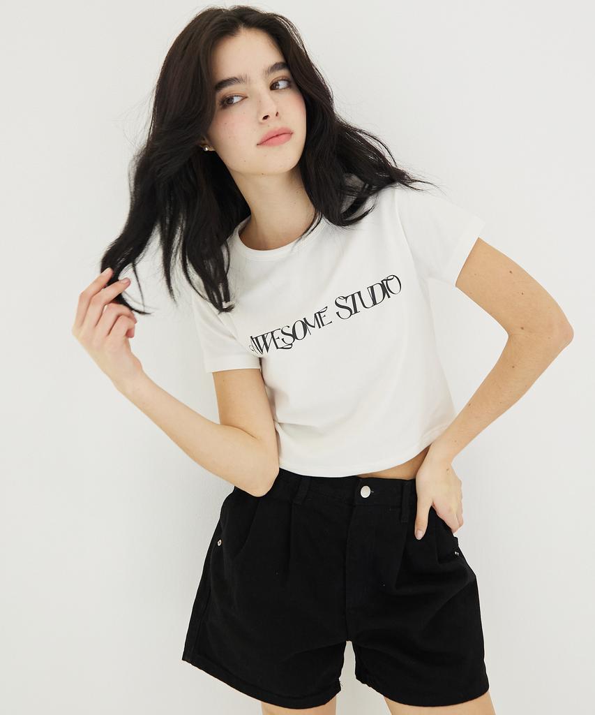 AWESOME STUDIO Awesome Logo Crop Slim Fit Short Sleeve T-Shirt Ivory