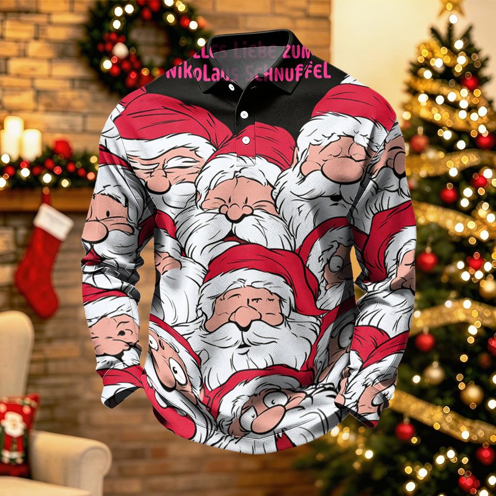 Men's Casual Quick-Dry Mesh Golf Shirt Long Sleeve Top with Christmas Print