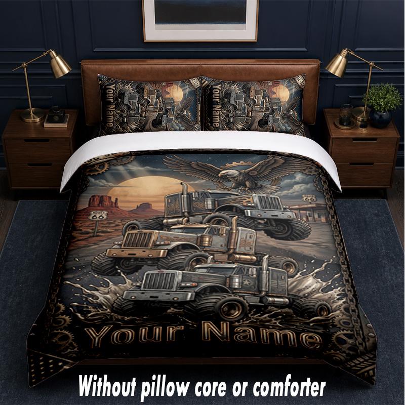 Truck Theme Custom Text Or Name 3Pcs Bedding Set,1 Flat Sheet & 2 Pillowcases Personalized Home Bedding