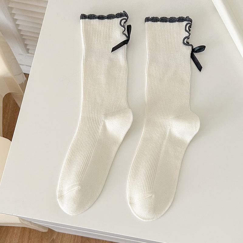 Spring Autumn Open Toe Cotton Stockings Women's Stockings Butterfly Knot Accessories Mid-Calf Stockings Casual Stockings Pile Stockings