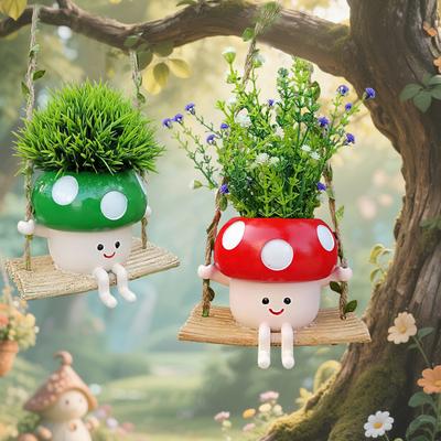 Swing Mushroom Hanging Planter Cartoon Mushroom Flower Pot Resin Succulents Planter with Drainage Hole for Indoor Outdoor Use