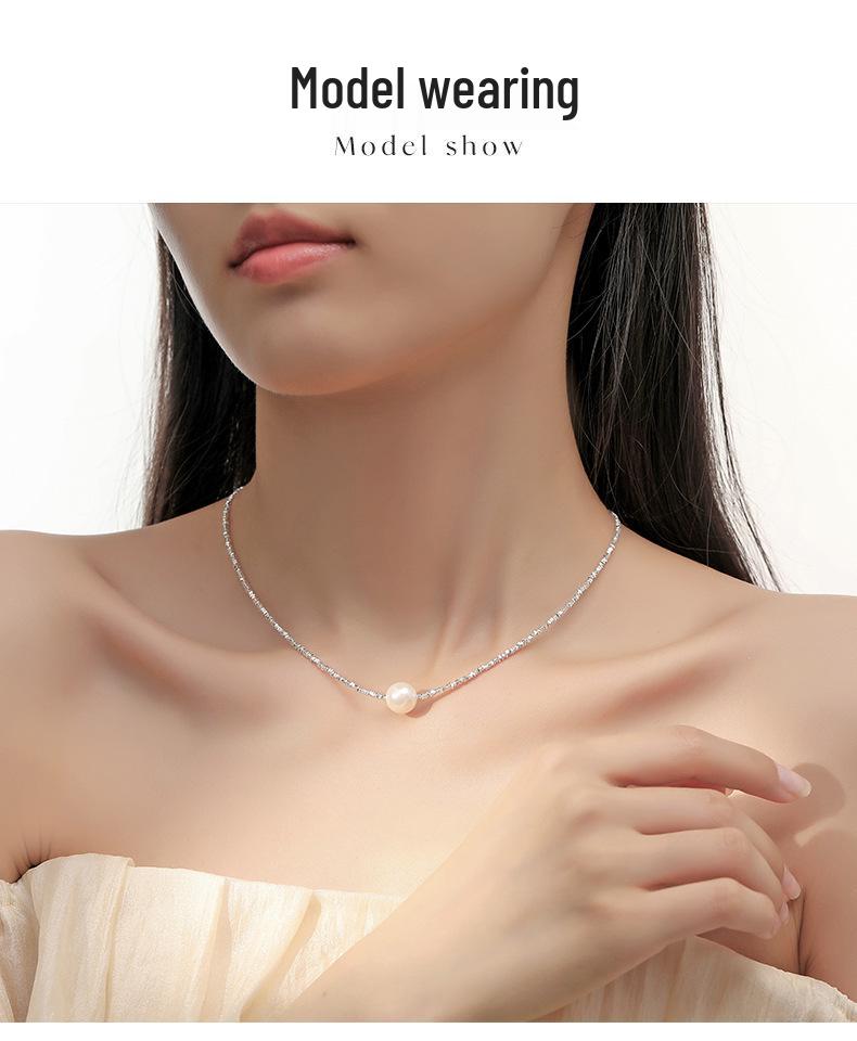 S925 Sterling Silver Round Imitation Pearl Necklace - Women's Trendy French Clavicle Chain
