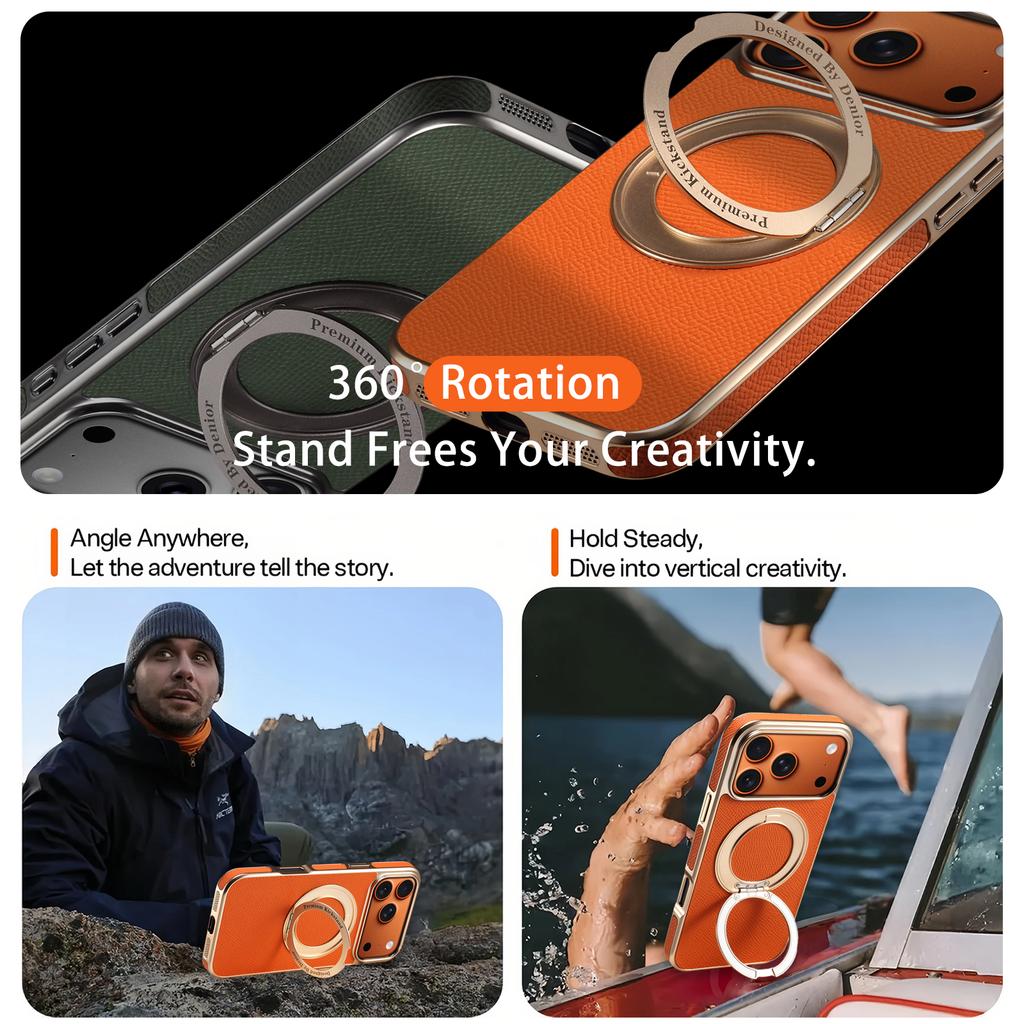 360 Rotating Magnetic Genuine Cowhide Leather Phone Case for iPhone 17 Pro Max 16 Plus 15 14 13 for Magsafe Kickstand Cover