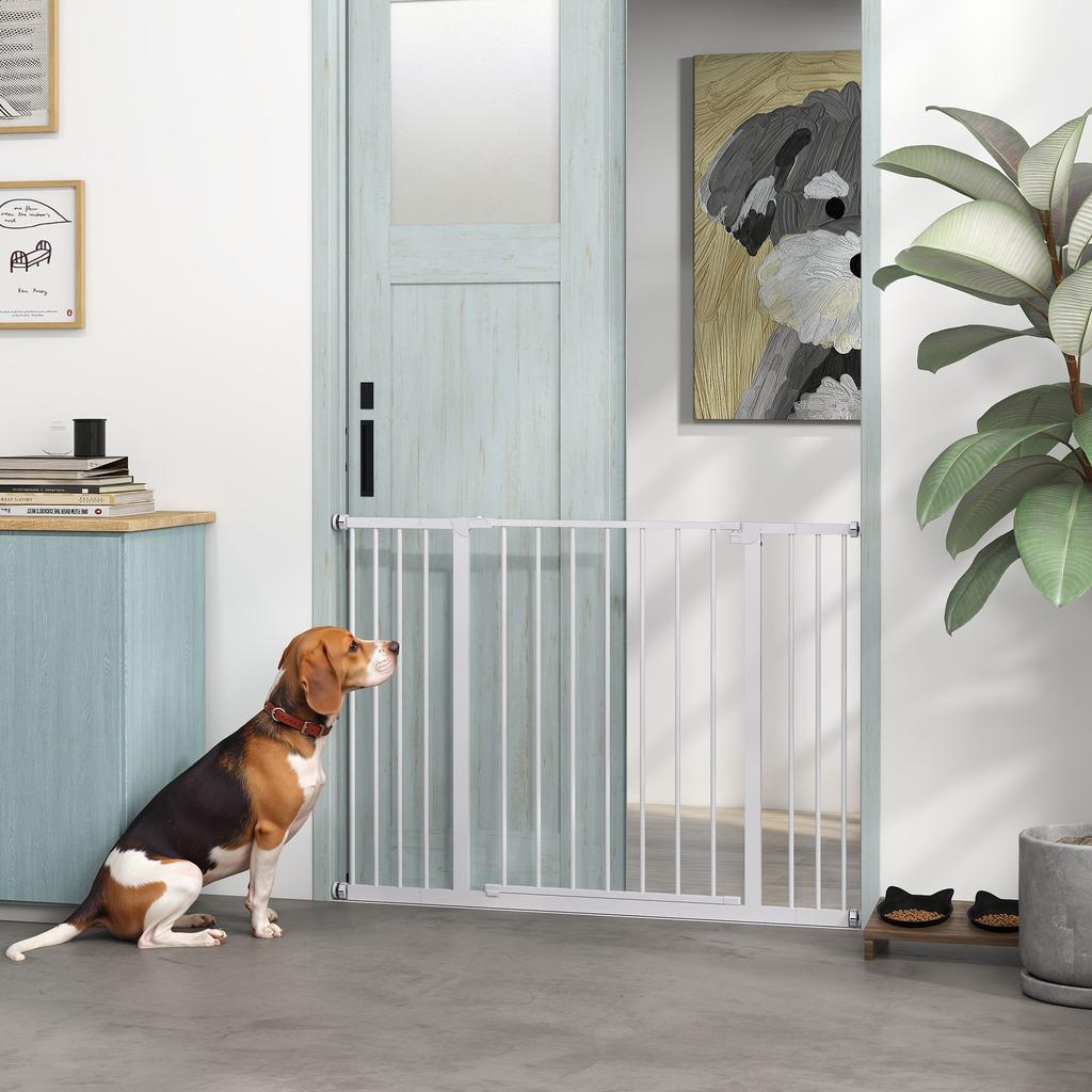 Extendable Safety Dog Gate, 76-82/86-97/101-107 Cm, Pressure Fit, Metal and Plastic, White
