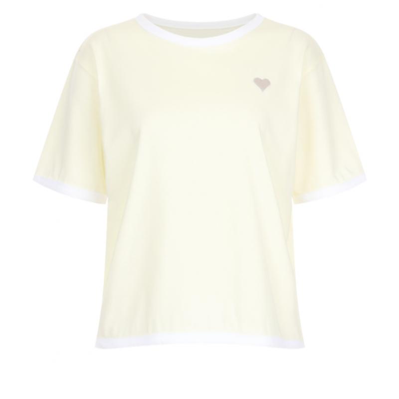 Shop   Women Color Block Round Neck HearT Embroidery Washing ShorT Sleeve T Shir