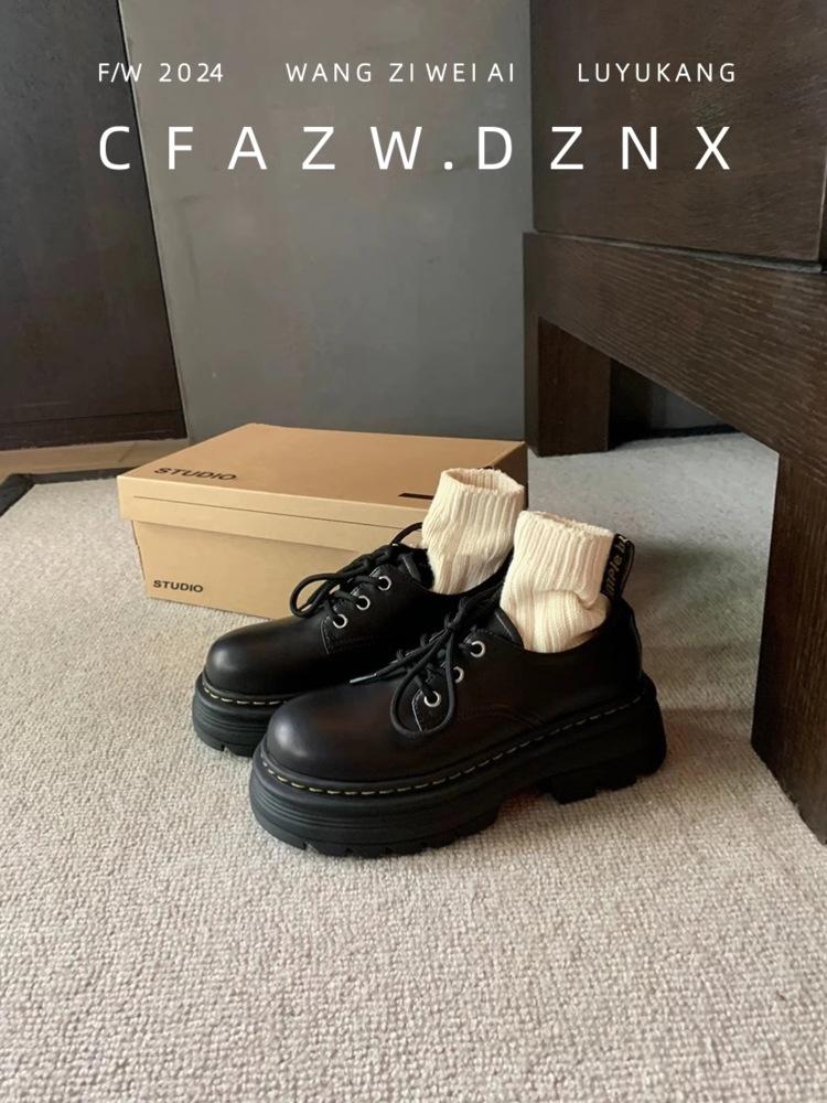 

[Armano] British lace-up heightened thick heel platform derby single shoes round head small leather shoes women s autumn new models 35