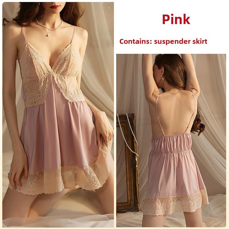 Sex Pajamas Ice Silk Loungewear Sexy Suspender Nightgown Lace Seduction Nightgown