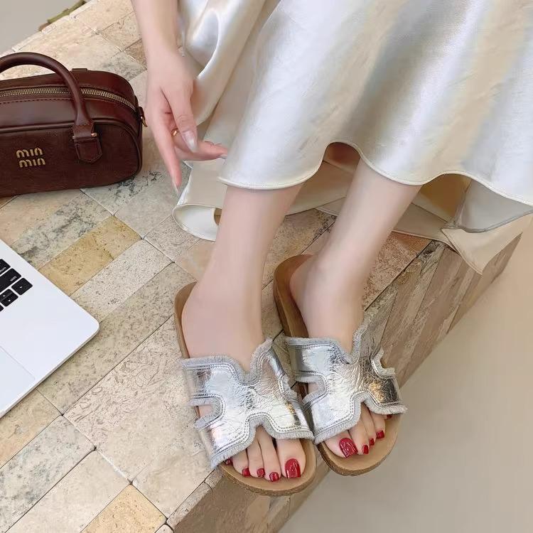Birkenstock slippers women's outerwear 2025 new high-end French soft-bottomed beach cool slippers with skirt one-word slippers
