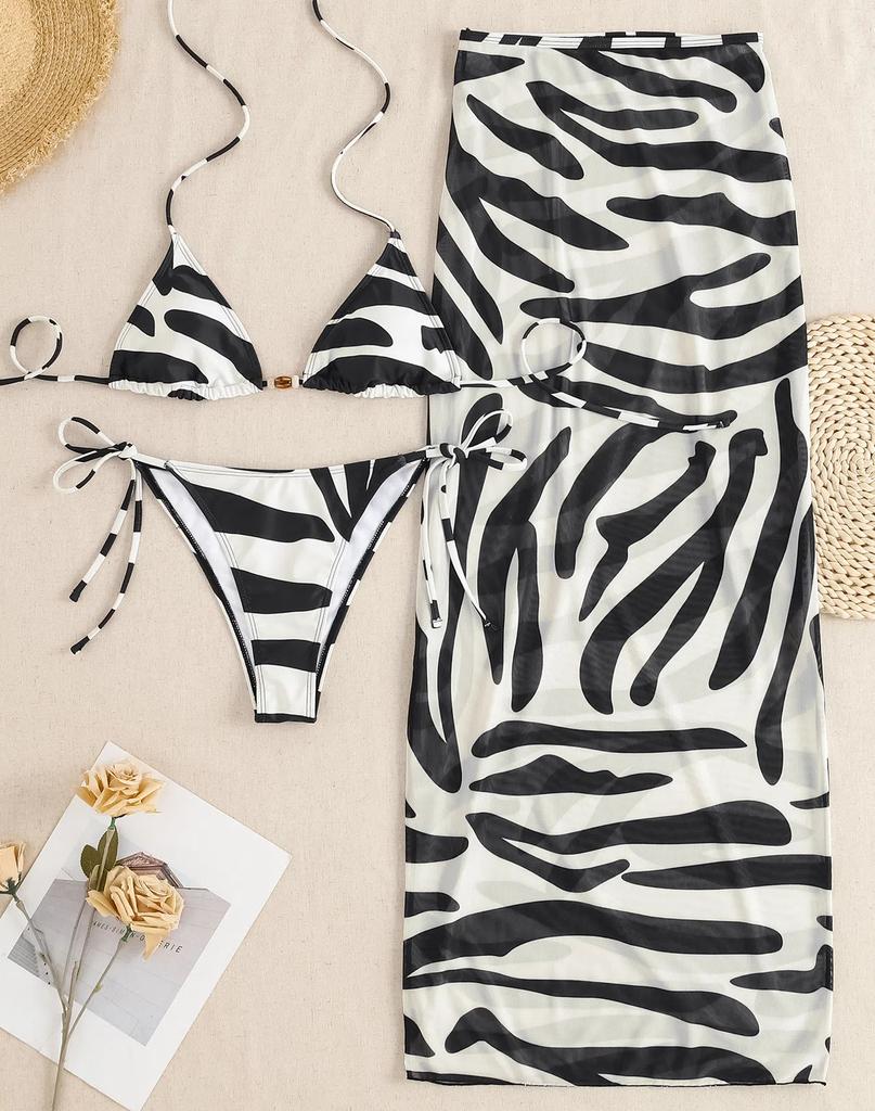 Women's Swimwear Printed Halter Neck Side Long Blouse Bikini Suit Three-piece Beachwear Bathing Suits