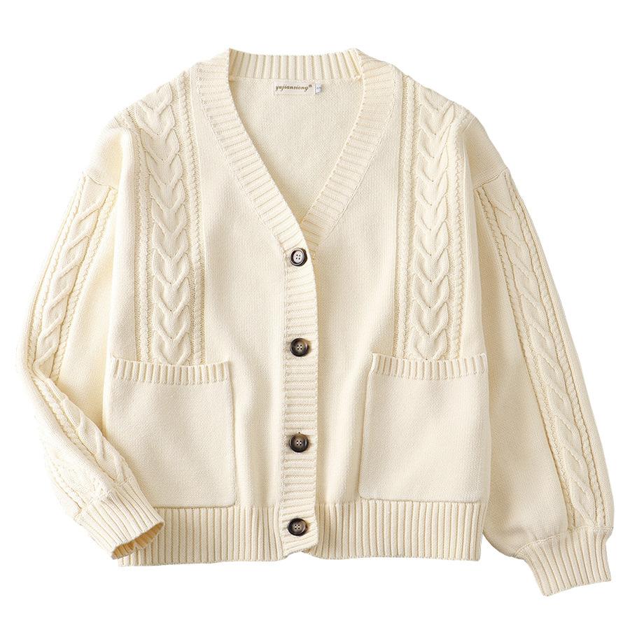 Women's Japanese JK Cable Knit Cardigan V Neck Long Sleeve Loose Cotton Sweater Coat Multi Color