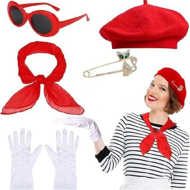 Francouzská kostýmová sada 80. let Francouzská žena Baret Klobouk Kostýmové doplňky Oválné sluneční brýle Šátek Rukavice