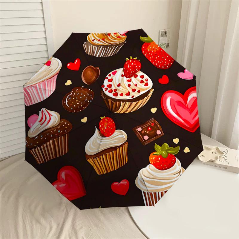 

1PC Cupcakes Strawberries Umbrella-8-Rib Reinforced Portable Folding Travel Suitable for All Seasons Outdoor Daily Use Is an Ideal Choice -F366