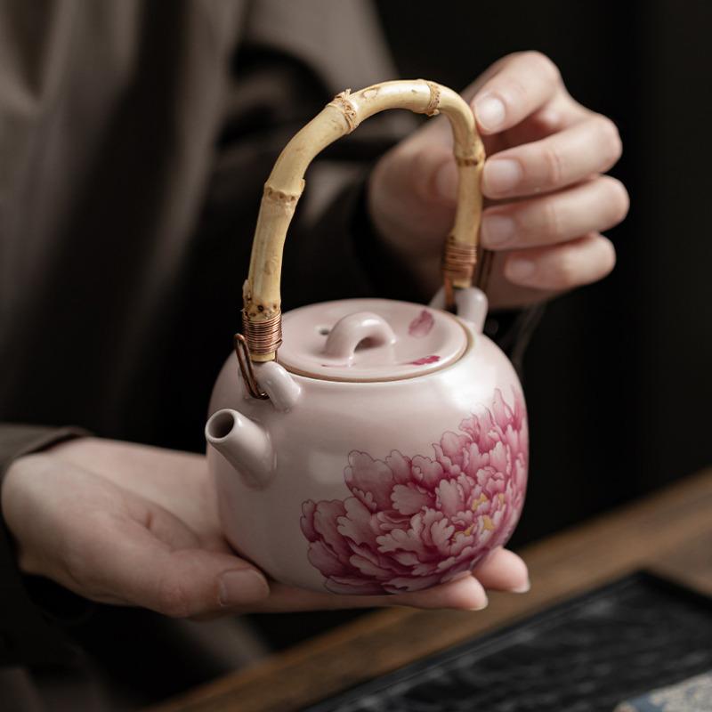 230ML Antique Pink Peony Flower Ru Kiln Lifting Handle Teapot Tea Infuser Pot Tea Brewing Kettle With Filter Chinese Tea Set