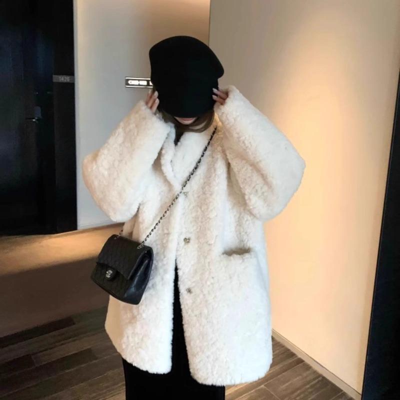 Autumn Winter Lazy Wind Midi Faux Fur Integrated Hair Solid Flip Collar Fashion Thermal Women Loose Comfortable Casual Coat 2024