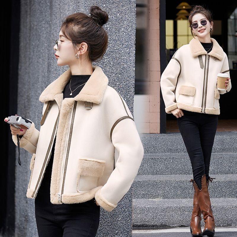 

Зимняя новая замшевая куртка с интегрированным мехом, женская короткая куртка-авиатор из овчины, замшевый флис с мехом S Below 50 kg