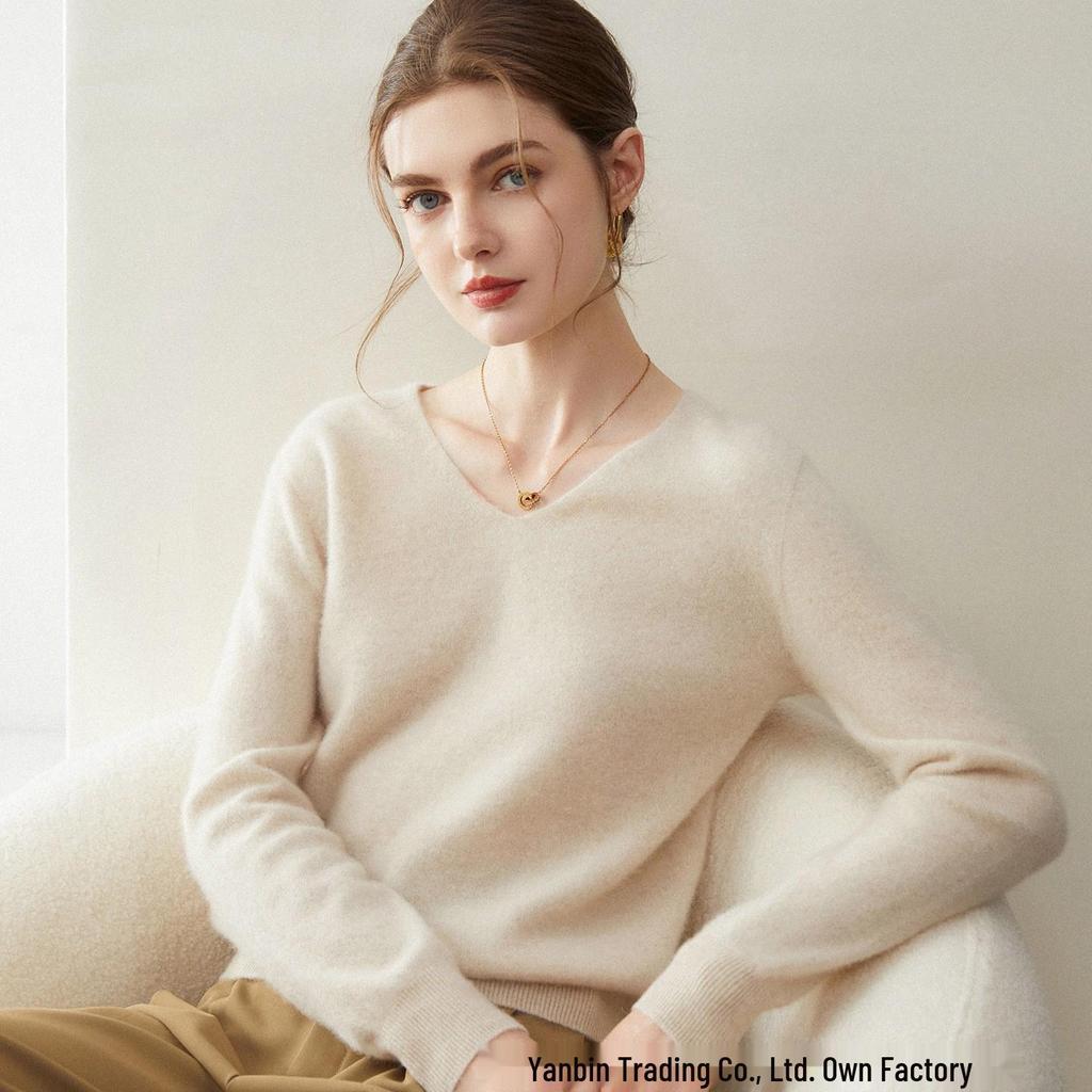 Women's V-Neck Pure Cashmere Sweater - New Style, Solid Color, Warm Long Sleeve Pullover