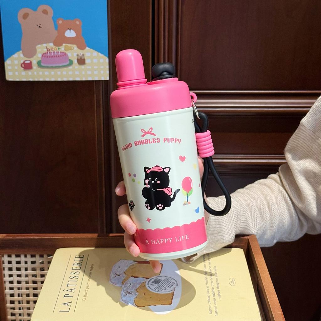 Water Bottle New Dudu Cartoon Straw Thermos Cup 111 Water Cup Strap Portable Coffee Cup