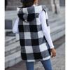 Sleeveless Cardigan Open Front Hooded Plaid Pattern Plain Black Double Sided Plush Loose Long