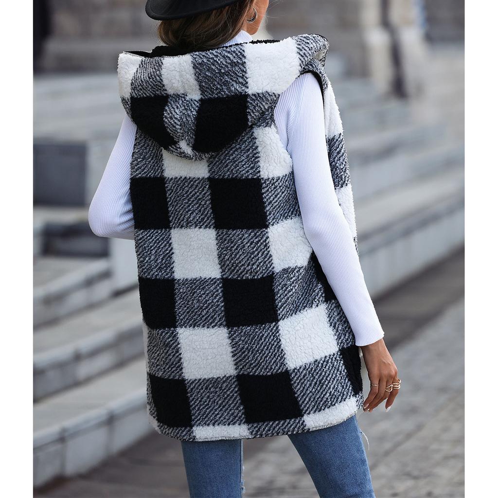 Sleeveless Cardigan Open Front Hooded Plaid Pattern Plain Black Double Sided Plush Loose Long