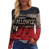 Women's Round Neck Long Sleeve Top with Halloween Print and Side Slit for Fall Festive Occasions