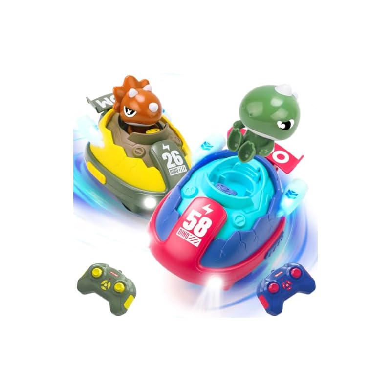 KaeKid Dinosaur Toy Cars, Remote Control Cars for Kids, Popular Set of 2, Electric RC Bumper Cars for Ages 3 and Up, Moving Toy with LED Lights,