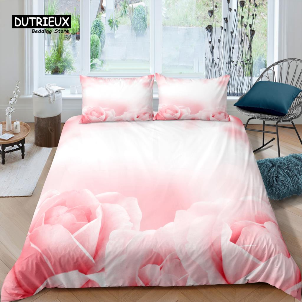 Home Living Luxury 3D White Rose Print Bedding Set Flower Duvet Cover Pillowcase Queen and King EU/US/AU Size Polyester Bedding