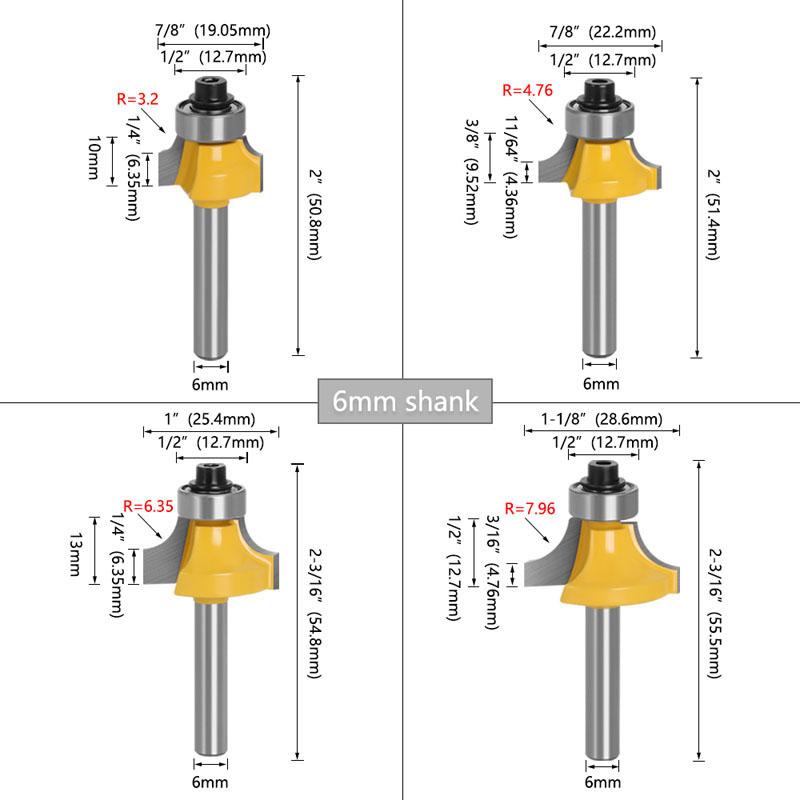 4 Stück 6 mm 1/4 Zoll Schaft R3,17 R4,76 R6,35 R7,96 Eckrundfräser mit Lagerfräser für Holzarbeiten, Wolframkarbid