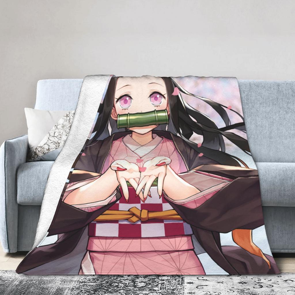Kimetsu No Yaiba Kamado Nezuko Decken Anime Fleece Lustige Atmungsaktive Überwurfdecken für Bettwäsche Wohnzimmer Frühling Herbst