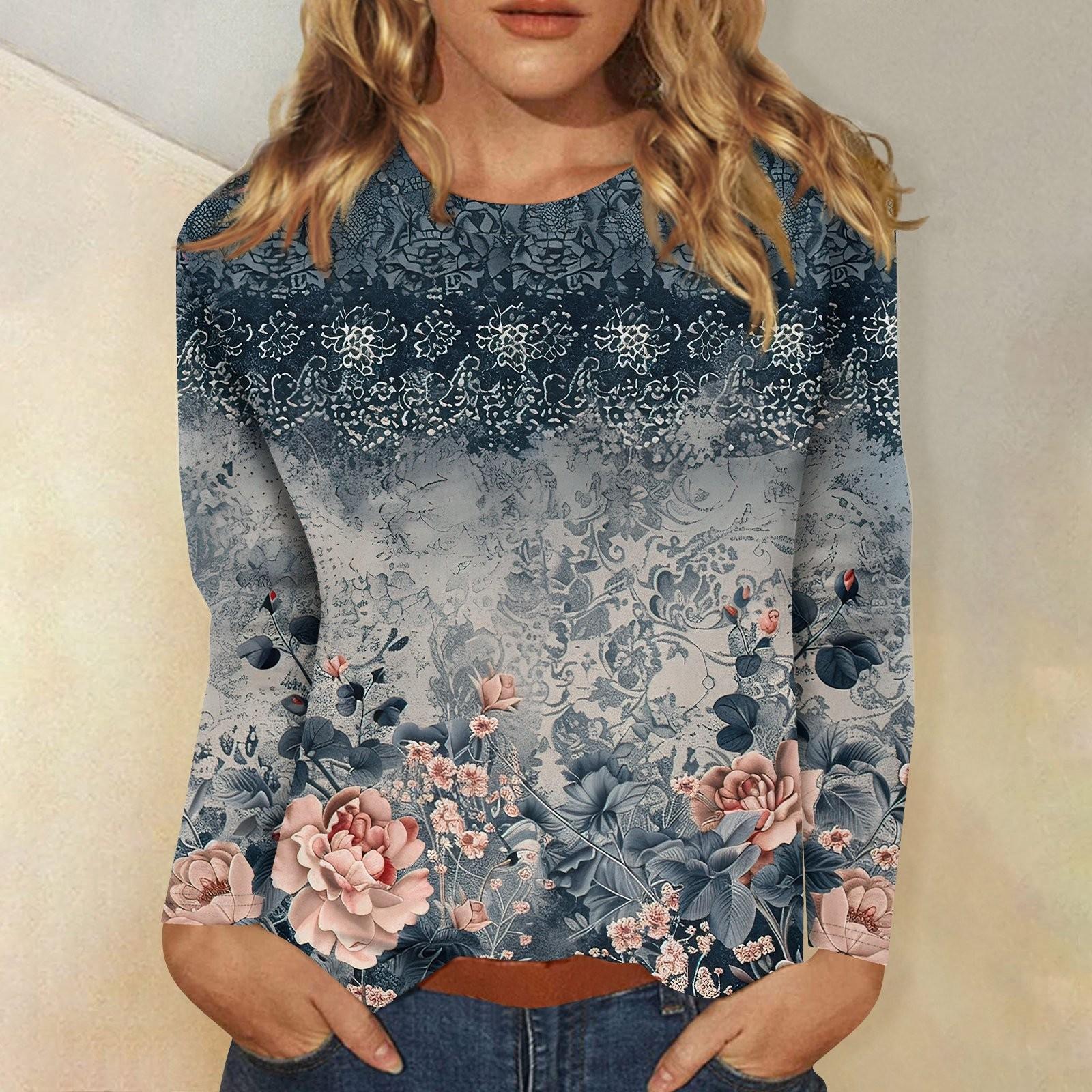 

Женский модный повседневный пуловер с круглым вырезом и длинным рукавом с цветочным принтом L тёмно-синий