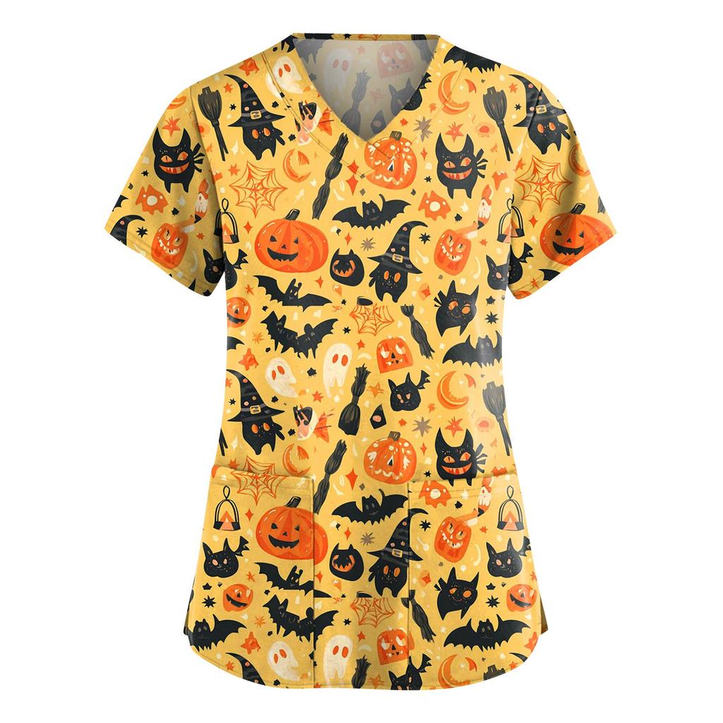 Women's Fashion V-Neck Short Sleeve Overalls With Pockets Halloween Printed Tops  Apparel