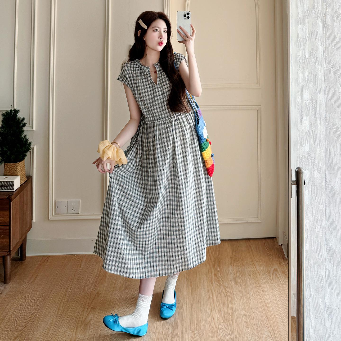 2026 Summer Maternity Plaid V-Neck Cotton Linen Dress XL