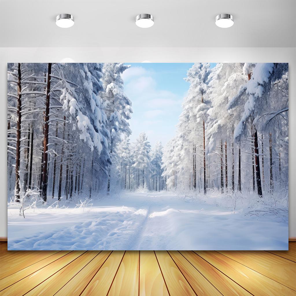 Sfondo Natalizio Wonderland Invernale Foresta Albero di Natale Neve Fiocchi di Neve Sfondo Fotografico Studio Fotografico Banner Photozone