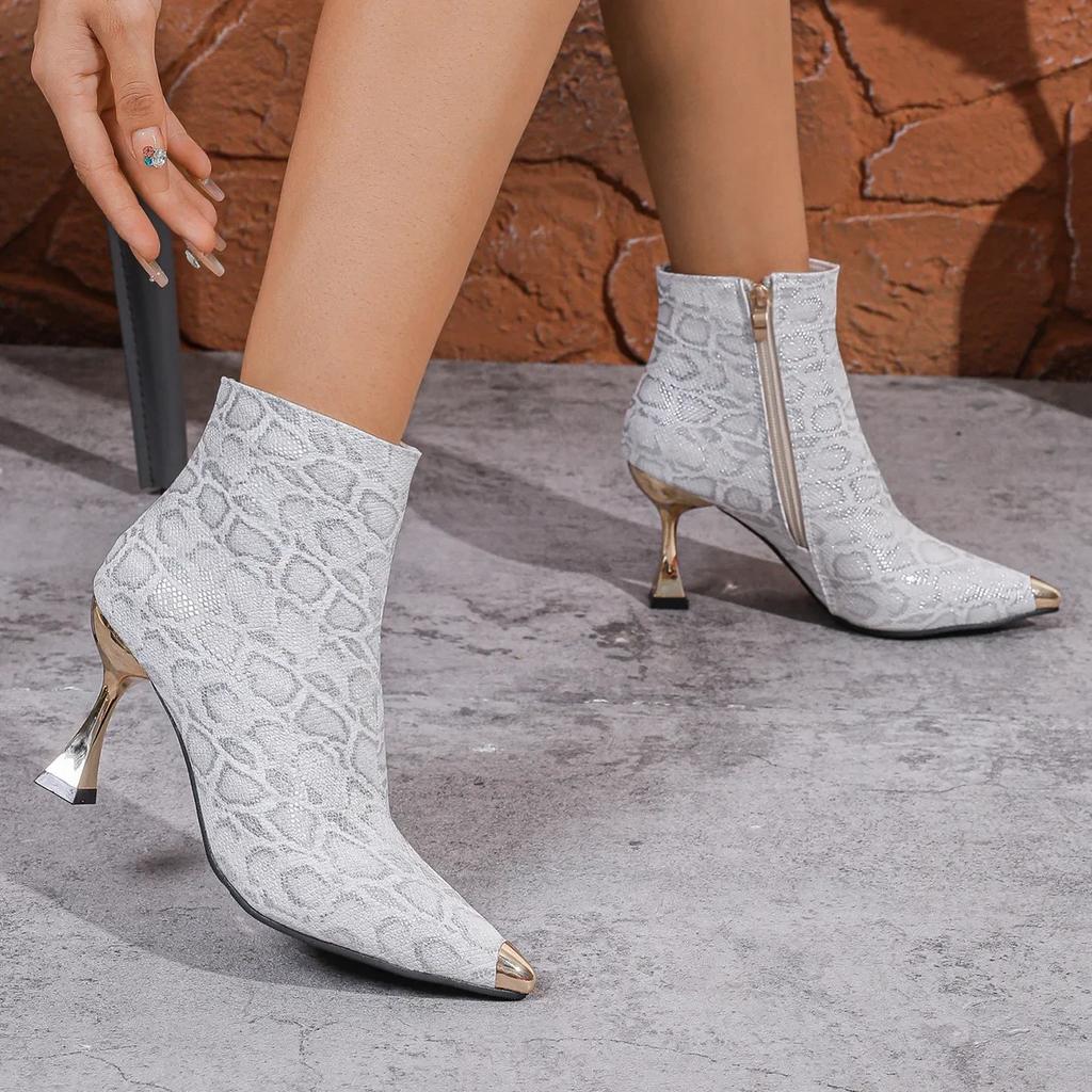 Women Pointed Metal Ankle Boots Female Sexy Stiletto High Heels Shoes Spring Autumn Fashion Side Zipper Thin Heeled Short Boots