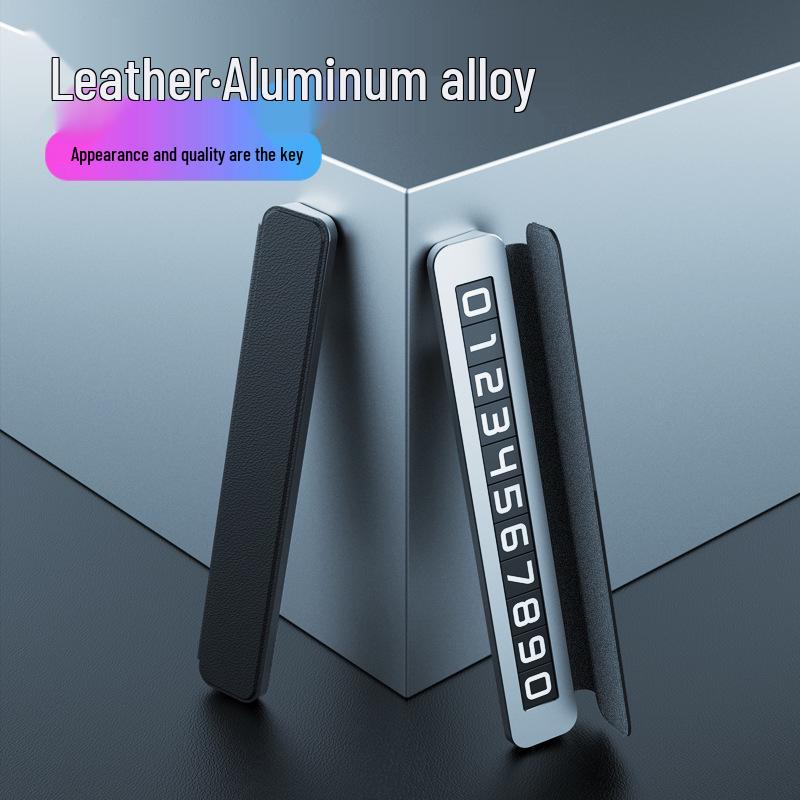 Premium Leather and Alloy Car Temporary Parking Sign with Concealable Phone Number Plate