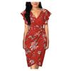 Women's Floral Print Dress Sexy V Neck Ruffle Sleeves Faux Wrap Ruched Bodycon Dress