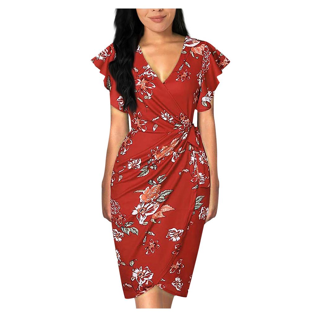 Women's Floral Print Dress Sexy V Neck Ruffle Sleeves Faux Wrap Ruched Bodycon Dress