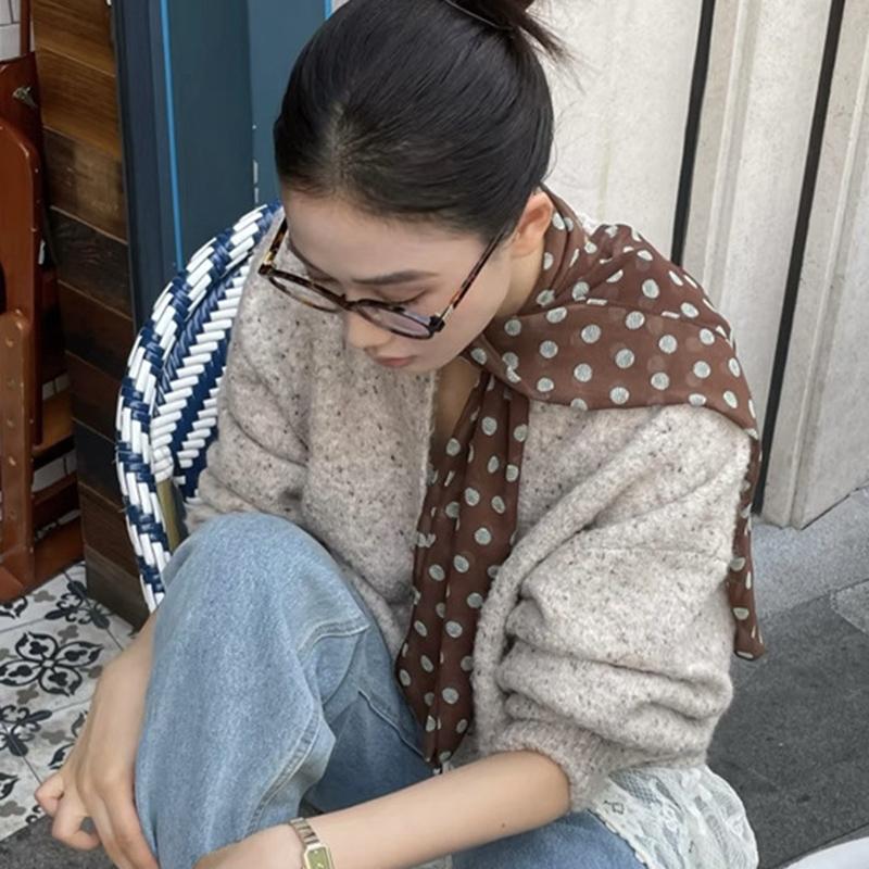 2025 new Ins style brown chiffon polka dot long silk scarf multifunctional accessory neck women's headband tie hair towel