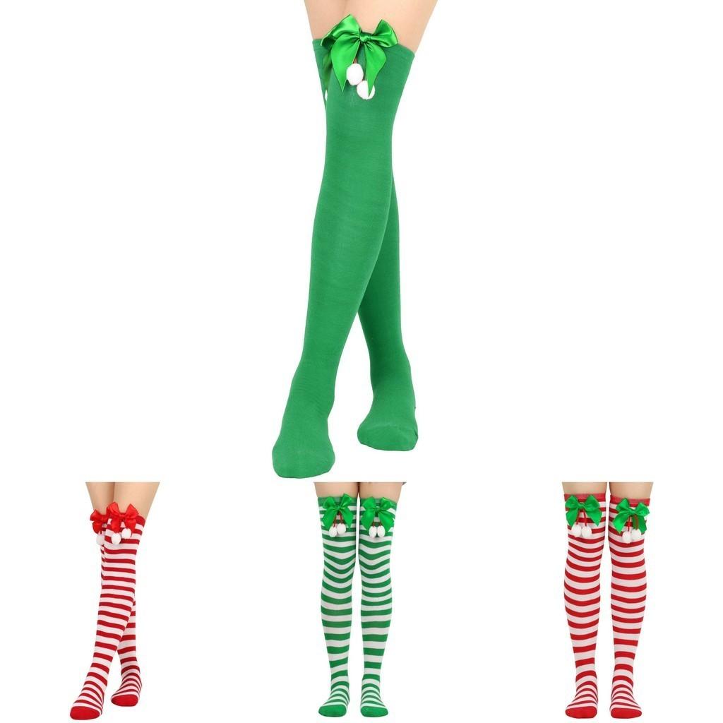 Striking Red-green Stripe Christmas Knee Socks For Women Kids