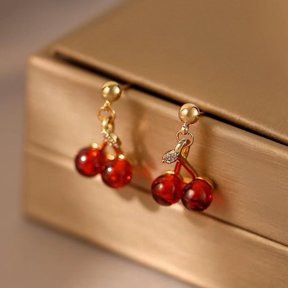 Sweet Red Cherry Jewelry Set Shiny Gold Chain Necklace Dangle Stud Earrings Zircon Women Trendy Fashion Gift